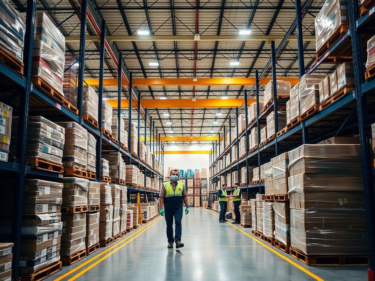 Centro de distribuição com pallets organizados e equipe operacional